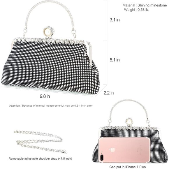 ⚡  Women's Rhinestones Envelope Style Chain Strap Black White Clutch Handbag - Picture 7 of 7